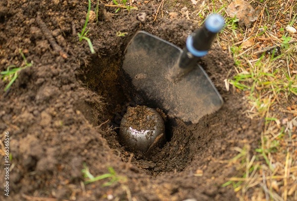 Fototapeta Bury a time capsule with a message in the ground. A metal can is sticking out of the ground.
