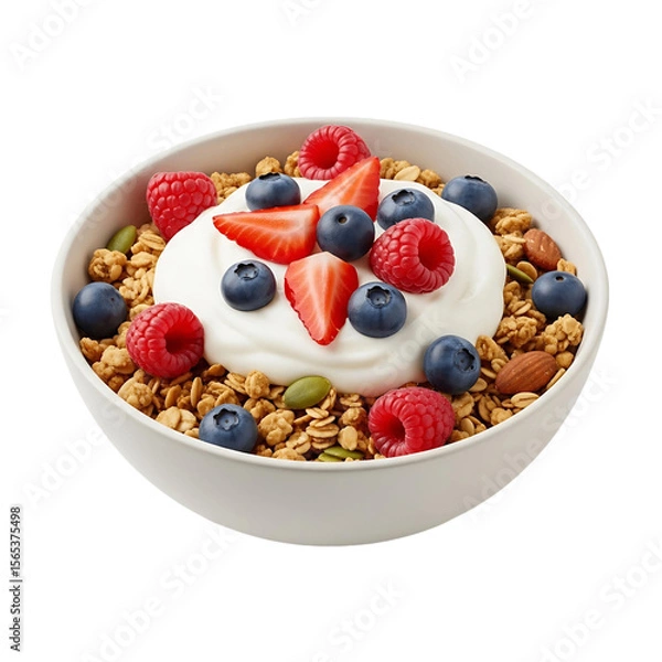 Fototapeta Granola with yogurt and berries in a bowl, featuring strawberries, raspberries, and blueberries for breakfast on transparent background