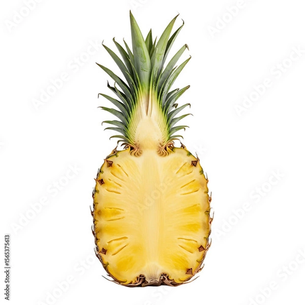 Fototapeta A halved pineapple with green leaves showing the juicy yellow flesh inside the tropical fruit close up view on transparent background
