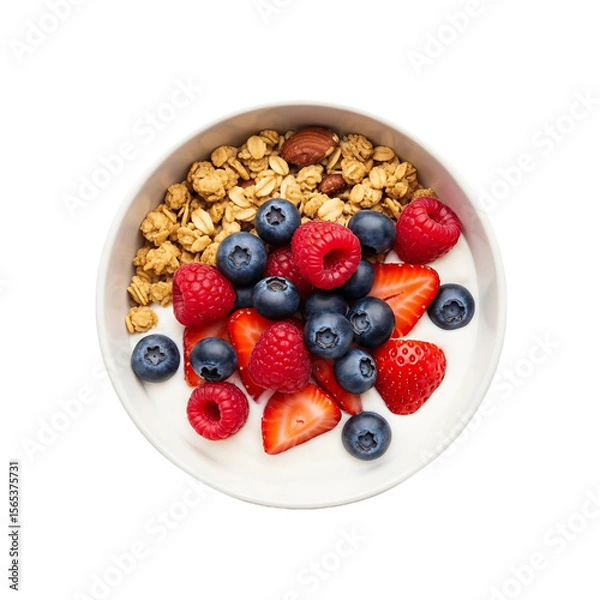 Fototapeta Aerial view of breakfast bowl with granola, yogurt, raspberries, blueberries, and strawberries on transparent background