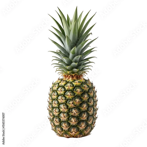 Fototapeta Isolated pineapple fruit with green leaves and textured rind against a solid backdrop view on transparent background