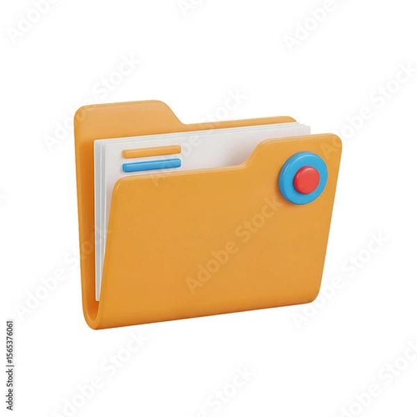 Fototapeta Rendered illustration of an open orange folder with documents and a circular button element on transparent background