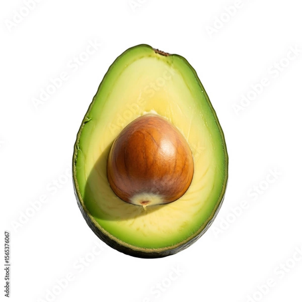 Fototapeta A halved avocado with its pit intact showing its green flesh and brown seed in isolation view on transparent background