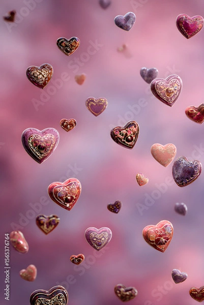 Fototapeta Ethereal Dance of Valentine's Day Hearts: A Whimsical Display of Love, Romance, and Warmth in Soft Hues and Intricate Patterns, Enchanting Essence of Affection and Passion
