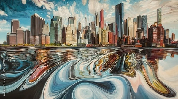 Fototapeta Abstract cityscape reflected in a distorted water surface.