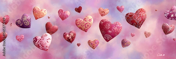 Fototapeta Ethereal Dance of Valentine's Day Hearts: A Whimsical Display of Love, Romance, and Warmth in Soft Hues and Intricate Patterns, Enchanting Essence of Affection and Passion