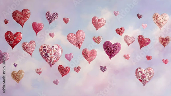 Fototapeta Ethereal Dance of Valentine's Day Hearts: A Whimsical Display of Love, Romance, and Warmth in Soft Hues and Intricate Patterns, Enchanting Essence of Affection and Passion