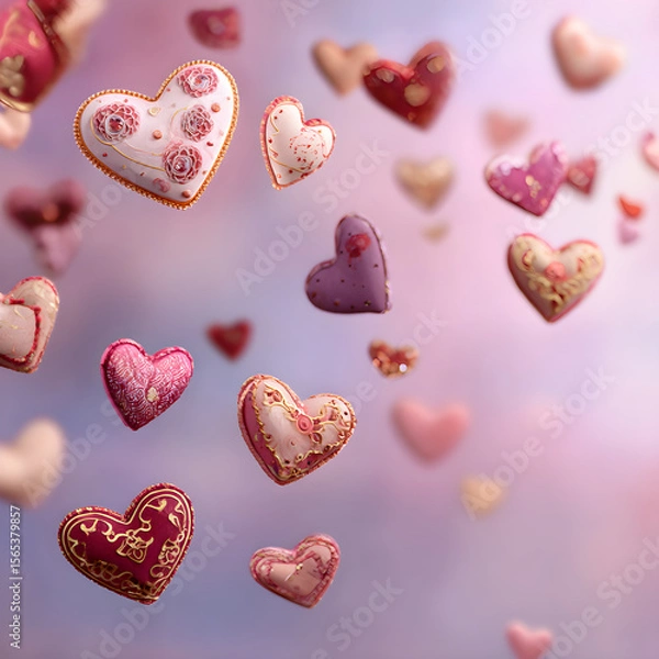 Fototapeta Ethereal Dance of Valentine's Day Hearts: A Whimsical Display of Love, Romance, and Warmth in Soft Hues and Intricate Patterns, Enchanting Essence of Affection and Passion