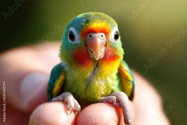 Fototapeta Charming close-up of a vibrant baby parrot with bright green, yellow, orange, and blue feathers. The fluffy chick with curious eyes sits gently in a person's hands.