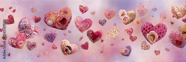 Fototapeta Ethereal Dance of Valentine's Day Hearts: A Whimsical Display of Love, Romance, and Warmth in Soft Hues and Intricate Patterns, Enchanting Essence of Affection and Passion