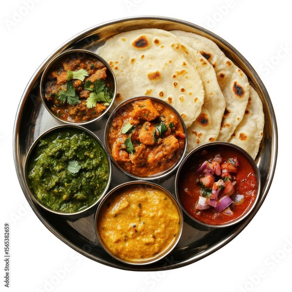 Fototapeta Traditional Indian Thali with Assorted Curries and Roti on a Silver Platter on transparent background