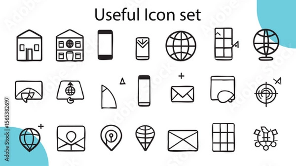 Fototapeta A comprehensive set of vector icons for web design, featuring essential symbols like email, phone, home, and arrow for business and internet communication
