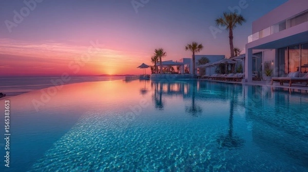 Fototapeta Amazing pool Infinity edge reflecting sunset colors minimalist architecture serene atmosphere tranquil oasis luxurious resort experience