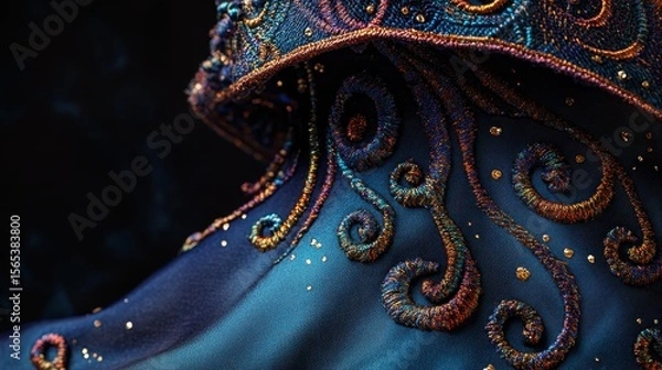 Fototapeta Intricate embroidery design on a deep teal fabric.