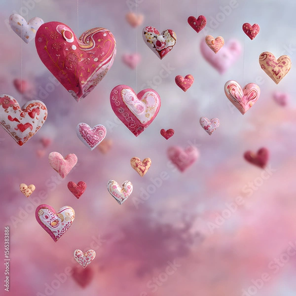Fototapeta Ethereal Dance of Valentine's Day Hearts: A Whimsical Display of Love, Romance, and Warmth in Soft Hues and Intricate Patterns, Enchanting Essence of Affection and Passion