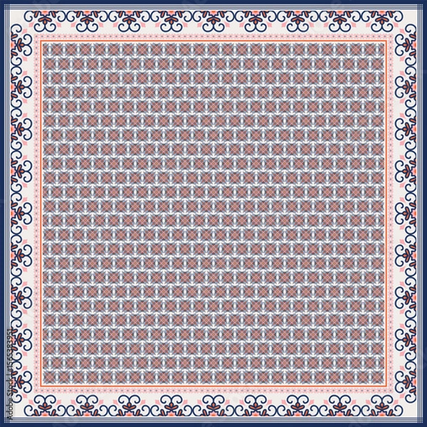 Fototapeta Hijab scarf flower abstract pattern.Ethnic geometric ornament with frame motif border hijab pattern.Design for fabric,print,scarves,shawl,kerchief,bandana,clothing,pareo,pillows,tablecloth,decoration.