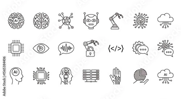 Fototapeta Cutting edge artificial intelligence technology digital innovation vector line icon set representing modern machine learning automation robotics data processing security