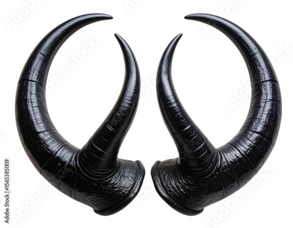 Fototapeta Pair of Glossy Black Curved Demon Horns with Textured Surface, isolated on transparent background