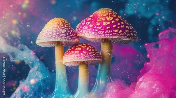 Fototapeta Colorful psychedelic mushrooms in a dreamlike setting.