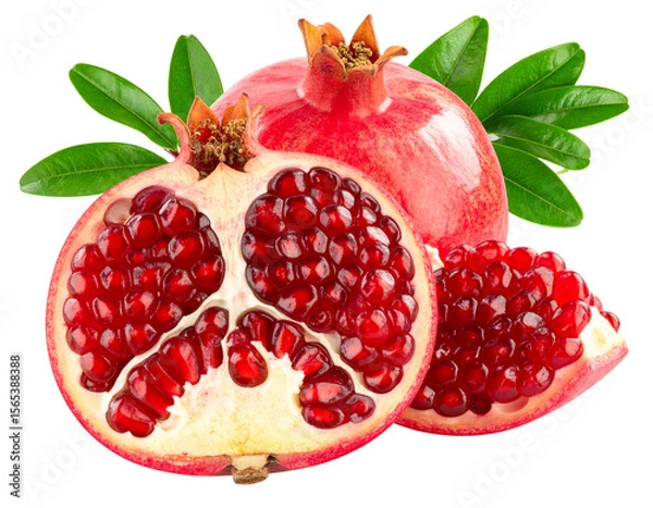 Fototapeta Pomegranate Branch with Half-Opened Fruit Showing Red Seeds, isolated on transparent background