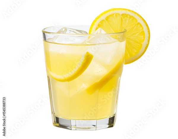Fototapeta Refreshing Glass of Lemonade with Ice Cubes and Lemon Slice, isolated on transparent background
