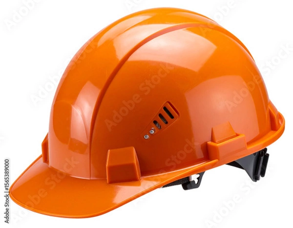 Fototapeta Side View of Orange Safety Helmet with Reflective Strips, isolated on transparent background