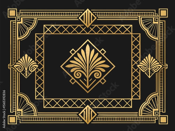 Fototapeta Elegant gold ornamental vintage frame with floral pattern border design on a black background