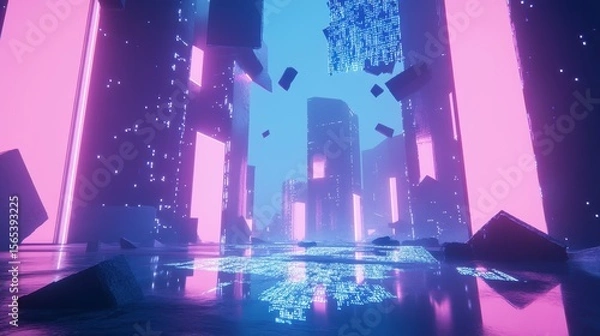 Fototapeta Futuristic cityscape with neon light and digital code.