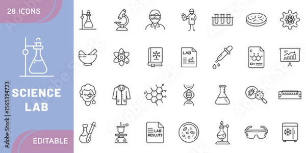 Obraz Science Lab Icon Set – Chemistry, Physics, Biology, Laboratory Equipment, Microscope, Test Tube, Experiment, Research, DNA, Molecule, and Scientific Tools in Line Style