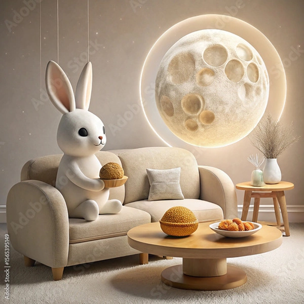 Fototapeta Adorable Bunny with Mooncakes on Beige Sofa, Serene Mid-Autumn Festival Scene, 3D Render