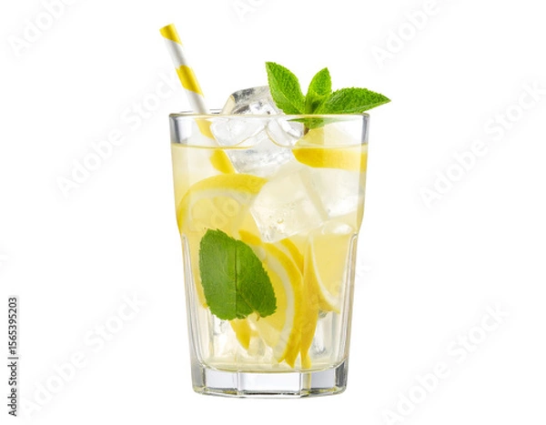 Fototapeta Tall Glass of Lemonade with Straw and Mint Leaves, side view, isolated on transparent background
