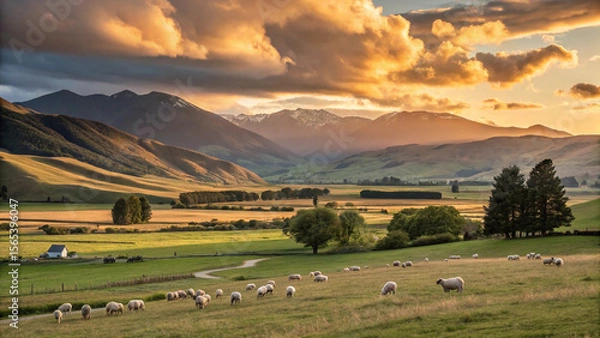 Obraz Serene Sunset over Rolling Hills and Grazing Sheep: Idyllic Rural Landscape Photography