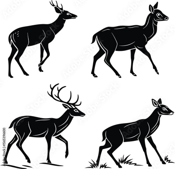 Fototapeta Deer Silhouette Set Vector Illustration in Simple Flat Black Style
