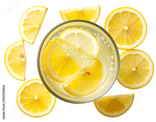 Fototapeta Top View of Glass of Lemonade with Floating Lemon Wedges, isolated on transparent background