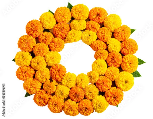 Fototapeta Top View of Marigold Garland in Circular Arrangement, isolated on transparent background