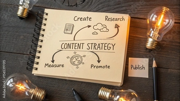 Fototapeta A content strategy concept is shown with create, research, measure, promote, and publish for business planning and marketing success.