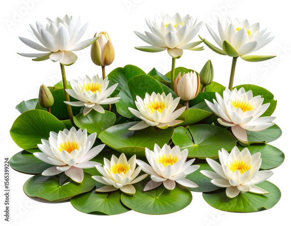 Fototapeta White Water Lily Cluster with Multiple Blooms and Leaves, isolated on transparent background