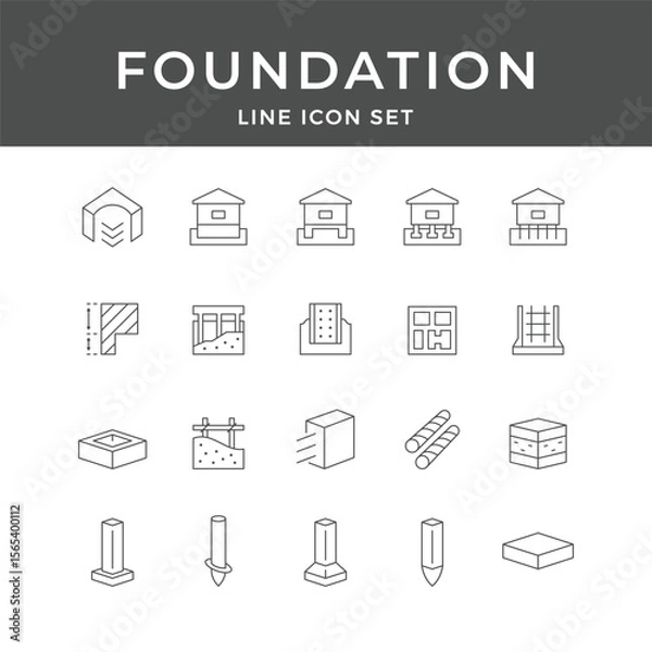 Obraz Foundation Line Icon Set – Construction, Building, Concrete, Base, Structure, Engineering, Minimal Vector Collection