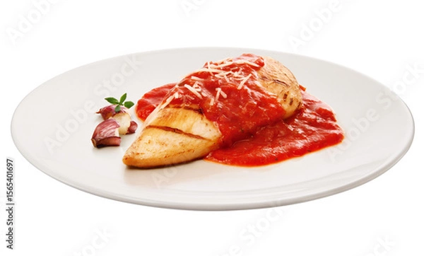 Fototapeta prato com peito de frango grelhado acompanhado de molho de tomates frescos isolado em fundo transparente