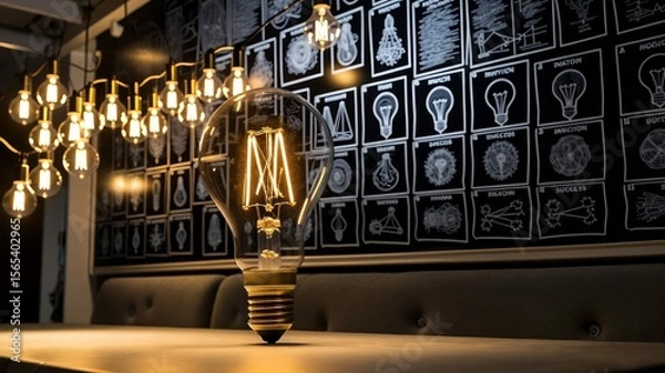 Fototapeta Warm light from bulb illuminates wall of innovation diagrams