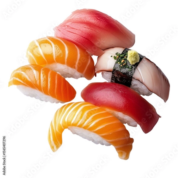 Obraz Assorted Sushi Nigiri Set Isolated on Transparent Background – PNG Cutout with Salmon, Tuna, and Mackerel Pieces