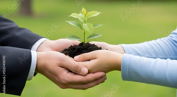 Fototapeta Passing a Green Legacy to the Next Generation: Adult and Child Holding a Plant