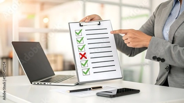 Fototapeta A businesswoman points to a clipboard with a checklist, showing completed tasks in an office setting