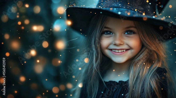 Fototapeta Halloween portrait of a smiling young girl in a black witch hat with glowing magical lights in the background. Enchanting atmosphere.