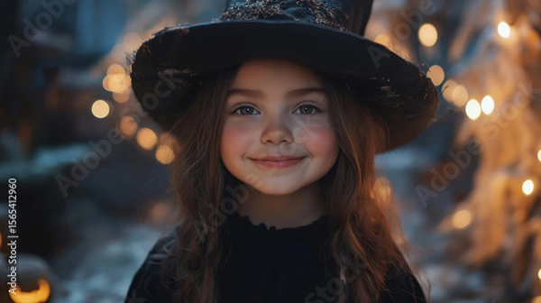 Fototapeta Halloween portrait of a smiling young girl in a black witch hat and costume, with glowing lights in the background. Magical evening.