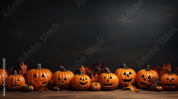 Fototapeta Halloween pumpkins with carved faces arranged on wooden table with autumn leaves. Festive and spooky seasonal decoration. Jack-o'-lanterns.