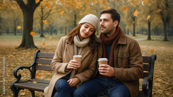 Fototapeta Couple sitting on park bench in autumn, holding takeaway coffee cups, wearing warm coats, enjoying romantic fall atmosphere together.