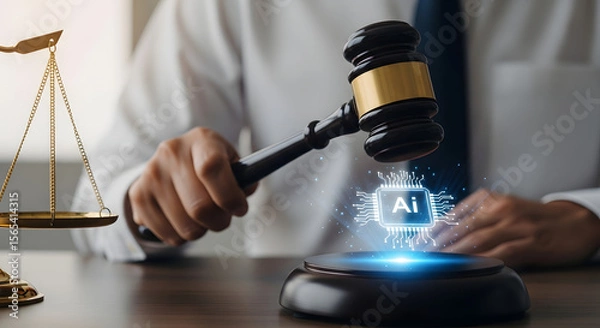 Fototapeta AI Regulation and Law Concept with Judge's Gavel and Artificial Intelligence Icon