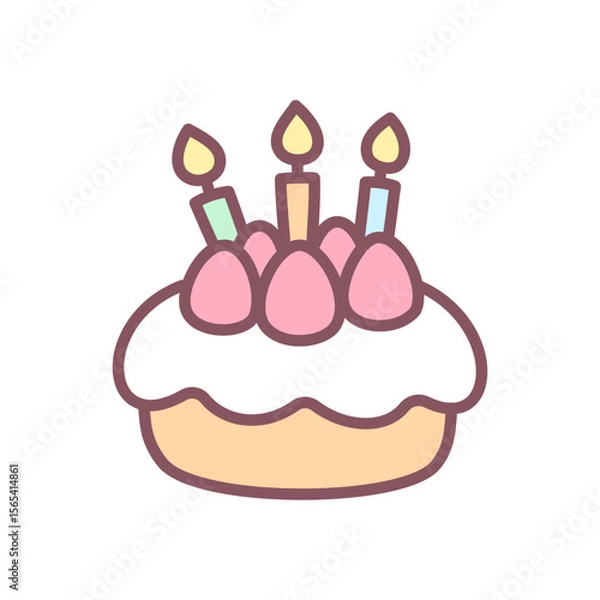 Fototapeta Cute birthday cake icon. Hand drawn illustration of a creamy cake with strawberries and three festive candles isolated on a white background. Kawaii sticker. Vector 10 EPS.