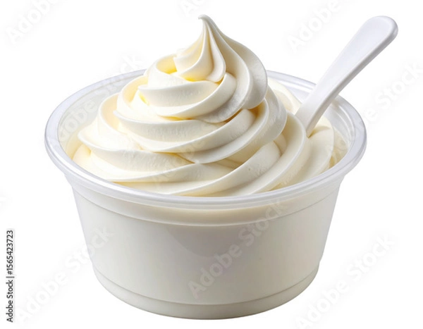 Fototapeta Minimalist Transparent Bowl with Swirled Vanilla Soft Serve and Plastic Spoon, isolated on transparent background